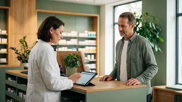 Patient übergibt Rezept in der Apotheke