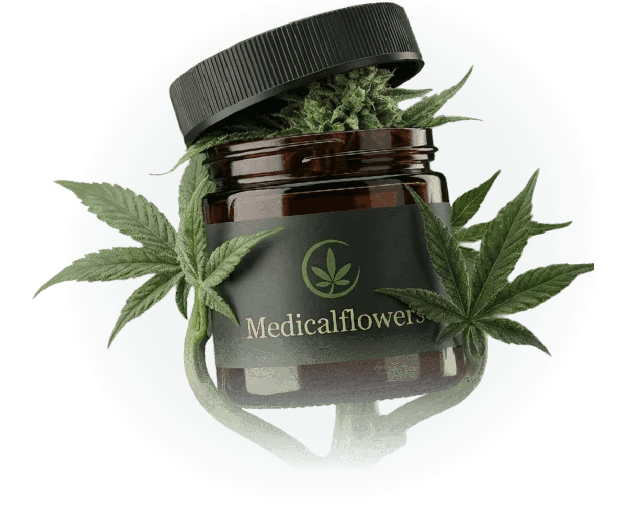 Dunkles Glas mit medizinischen Cannabis-Blüten und Hanfblättern von Medicalflowers